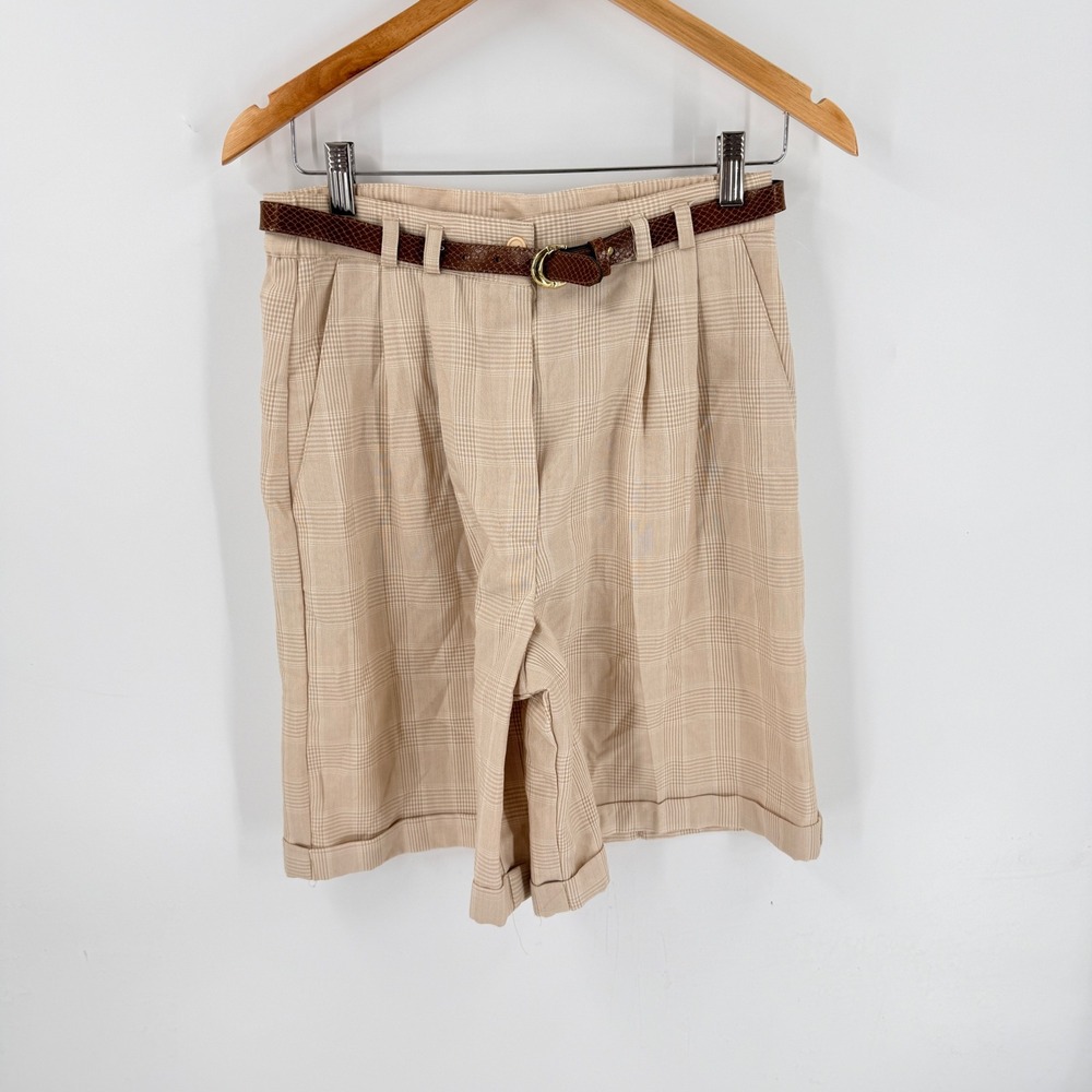 Vintage 90s JARA Plaid Pleated Shorts Beige 28 High Rise Belted Dark Academia